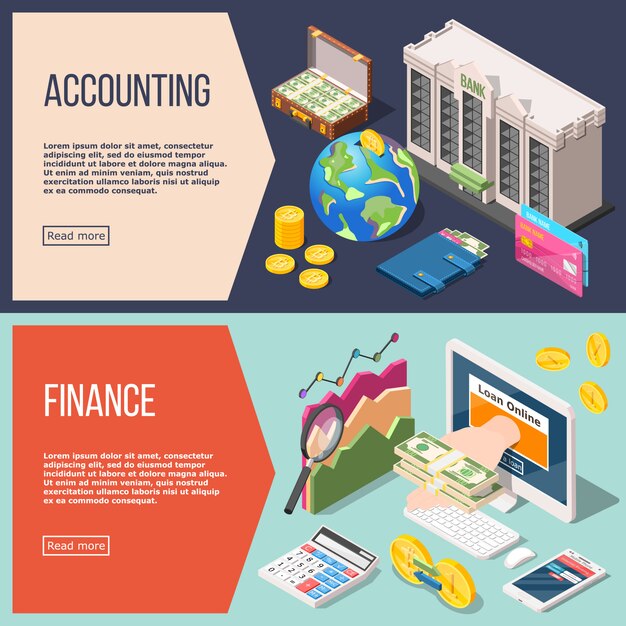 Conjunto de banner isométrico de contabilidad conjunto