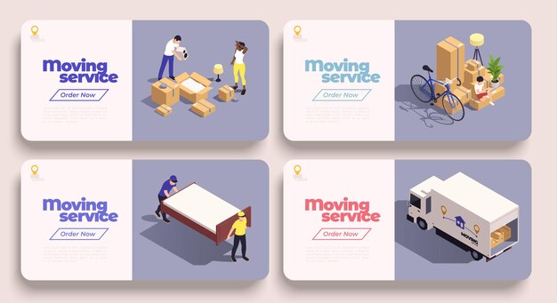 Conjunto de banner isométrico del servicio de reubicación con la empresa de mudanzas que reubica a las personas ilustración vectorial aislada