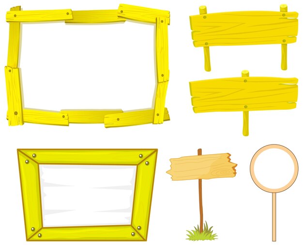 Conjunto de banner de letrero de madera en color amarillo.