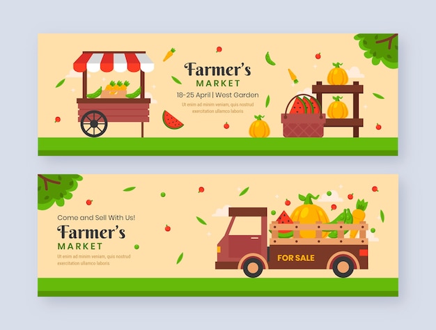 Conjunto de banner de mercado de agricultores planos