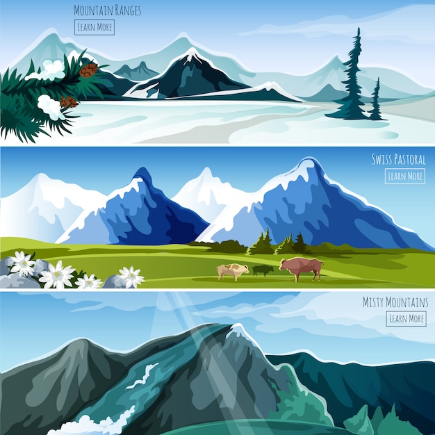 Vector gratuito conjunto de banner de paisajes de montaña