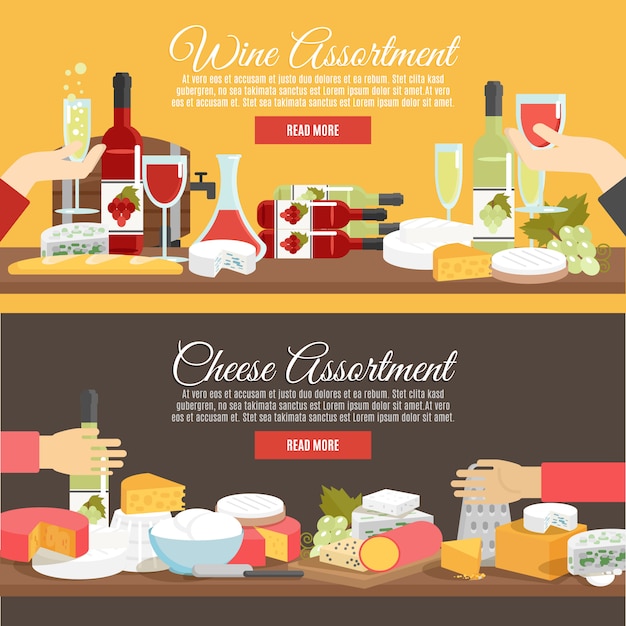 Conjunto de banner plano de queso y vino