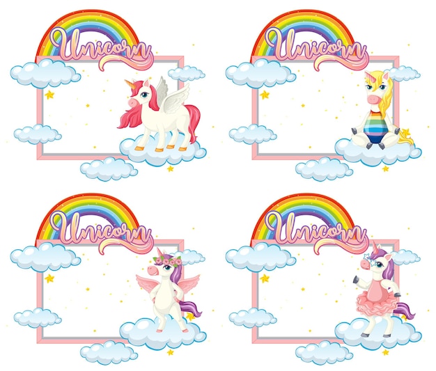 Conjunto de banner vacío con lindo personaje de dibujos animados de unicornio en blanco