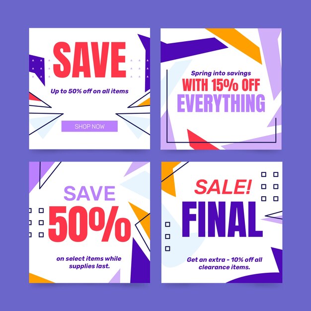 Conjunto de banner de venta cuadrado de diseño plano