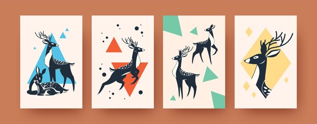 Conjunto de banners abstractos con ciervos en estilo escandinavo. Familia de ciervos creativos e ilustraciones de animales con cuernos. Concepto de vida silvestre y animales del bosque