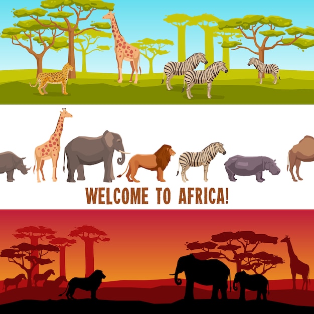 Vector gratuito conjunto de banners de animales africanos horizontales