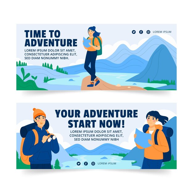 Conjunto de banners de aventura dibujados a mano