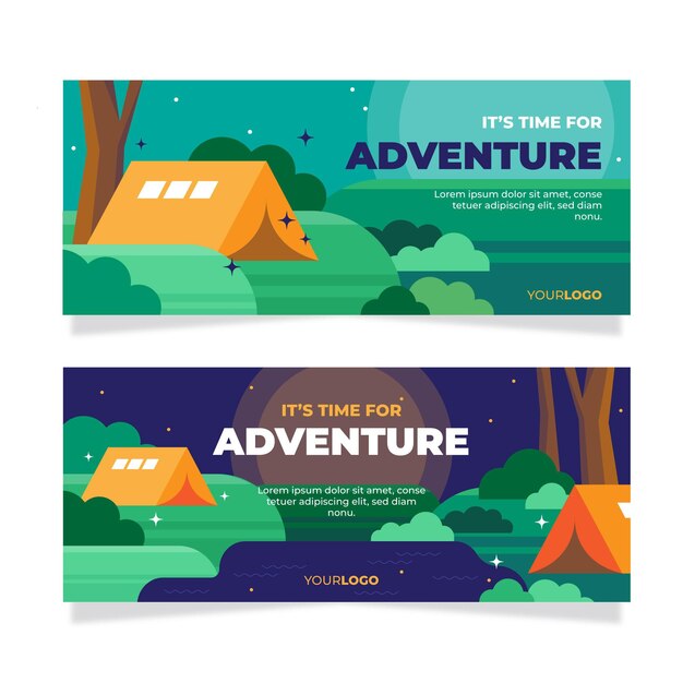 Conjunto de banners de aventura plana horizontal.