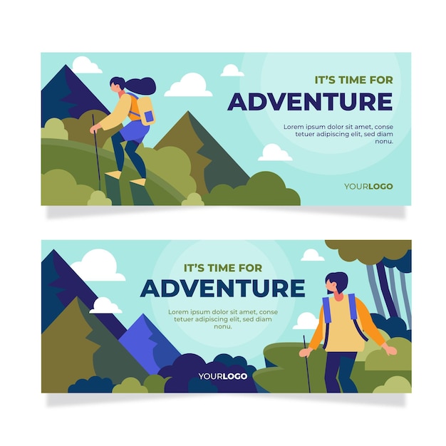 Vector gratuito conjunto de banners de aventura plana horizontal.