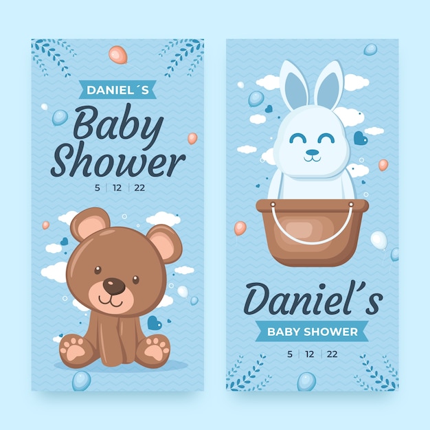 Vector gratuito conjunto de banners de baby shower plano para niño