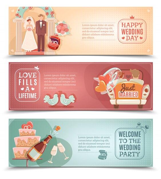 Conjunto de banners de boda concepto plano