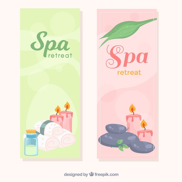 Conjunto de banners de centro de spa con velas y aceites aromáticos