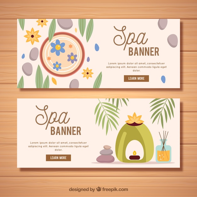 Conjunto de banners de centro de spa con velas y aceites aromáticos
