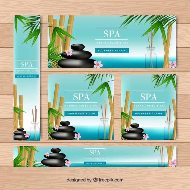 Vector gratuito conjunto de banners de centro de spa con velas y flores aromáticas