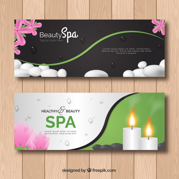 Conjunto de banners de centro de spa con velas y flores aromáticas