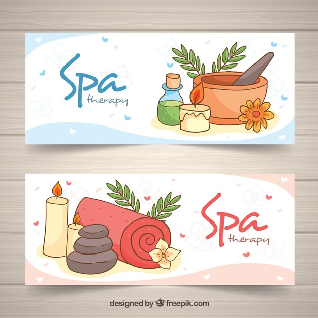 Conjunto de banners de centro de spa con velas y flores aromáticas