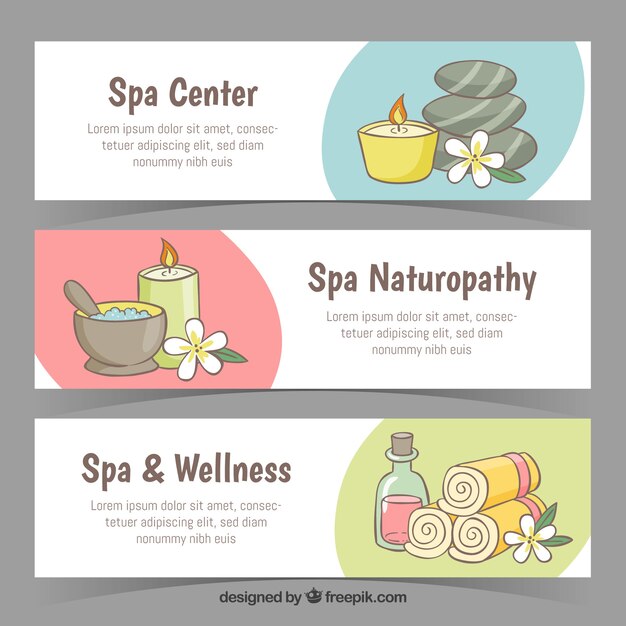 Conjunto de banners de centro de spa con velas y flores aromáticas
