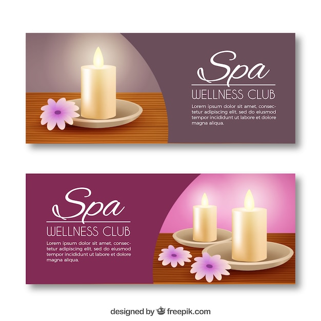 Conjunto de banners de centro de spa con velas y flores aromáticas