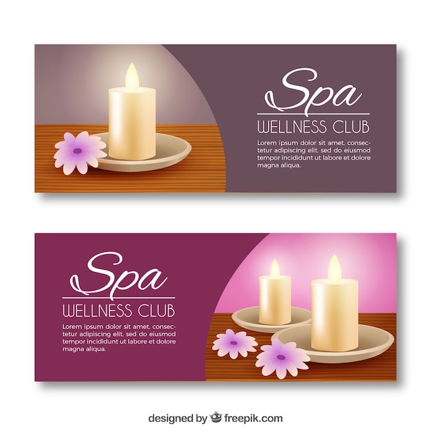 Vector gratuito conjunto de banners de centro de spa con velas y flores aromáticas