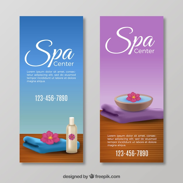 Conjunto de banners de centro de spa con velas y flores aromáticas