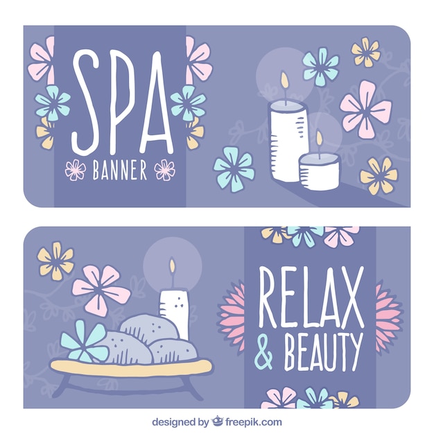 Vector gratuito conjunto de banners de centro de spa con velas y flores