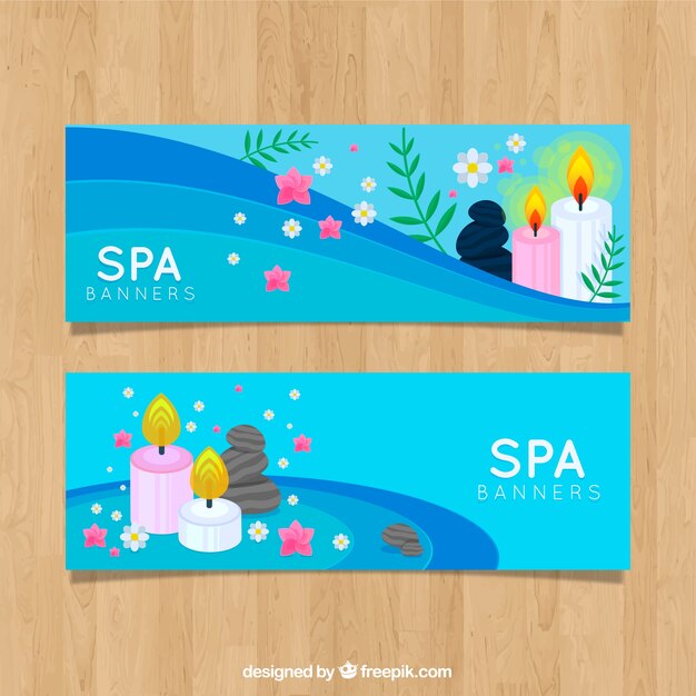 Conjunto de banners de centro de spa con velas y flores