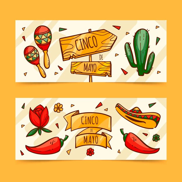 Conjunto de banners cinco de mayo dibujados a mano