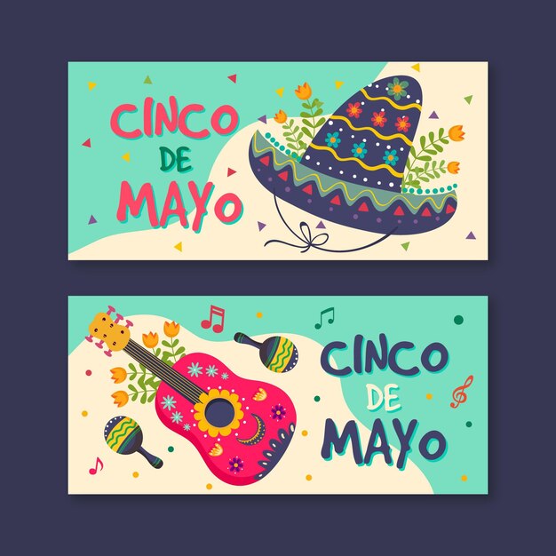 Conjunto de banners cinco de mayo dibujados a mano