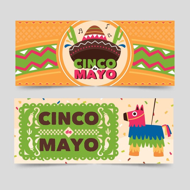 Conjunto de banners cinco de mayo dibujados a mano