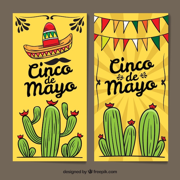 Conjunto de banners del cinco de mayo con elementos mexicanos