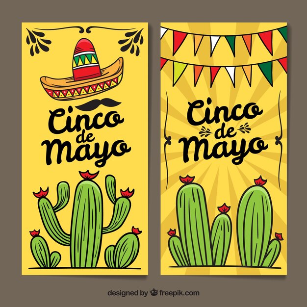 Conjunto de banners del cinco de mayo con elementos mexicanos