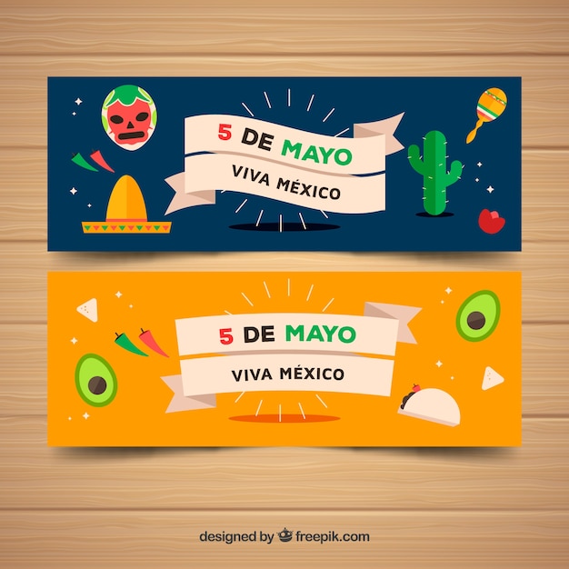 Vector gratuito conjunto de banners del cinco de mayo con elementos mexicanos