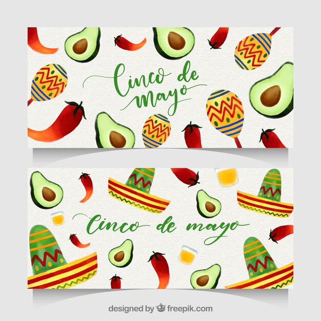 Conjunto de banners del cinco de mayo con elementos mexicanos