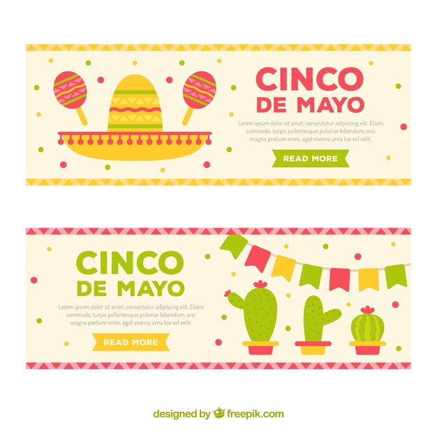 Conjunto de banners del cinco de mayo con elementos tradicionales mexicanos