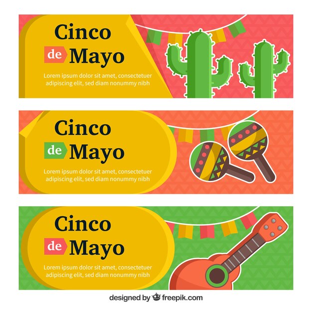 Conjunto de banners del cinco de mayo con elementos tradicionales mexicanos