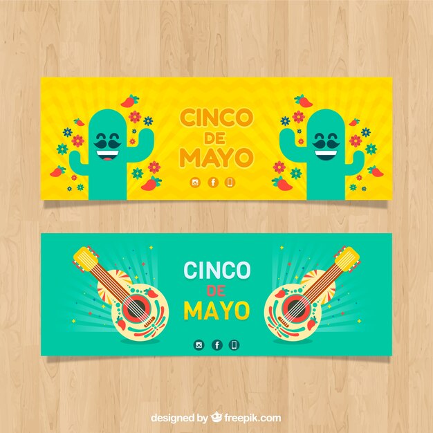 Conjunto de banners del cinco de mayo con elementos tradicionales mexicanos