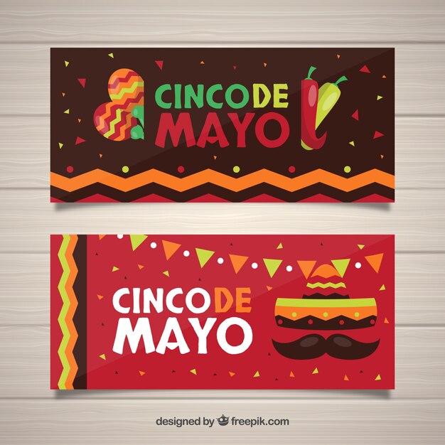 Conjunto de banners del cinco de mayo con elementos tradicionales mexicanos