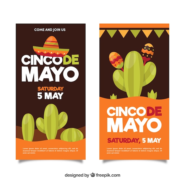 Vector gratuito conjunto de banners del cinco de mayo con elementos tradicionales mexicanos