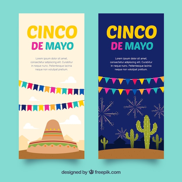 Conjunto de banners del cinco de mayo con elementos tradicionales mexicanos