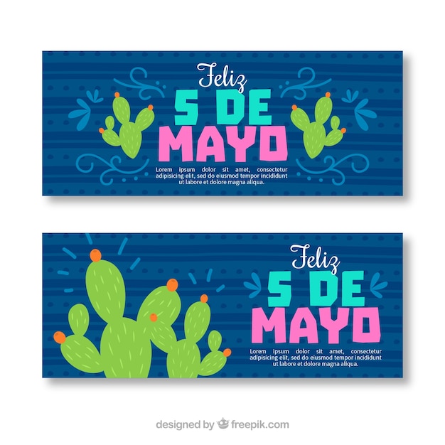 Vector gratuito conjunto de banners del cinco de mayo con elementos tradicionales mexicanos