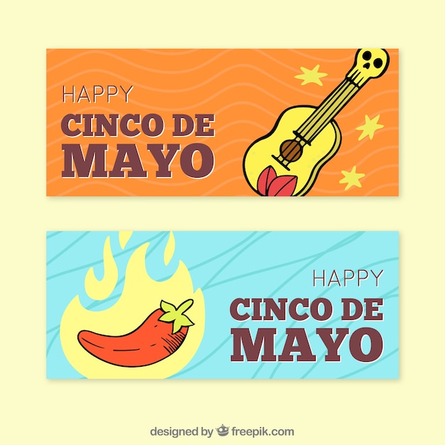 Vector gratuito conjunto de banners del cinco de mayo con elementos tradicionales