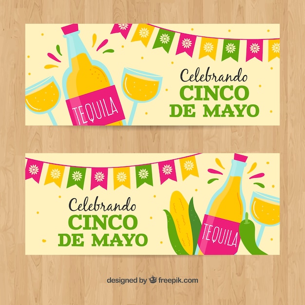 Vector gratuito conjunto de banners del cinco de mayo con elementos tradicionales