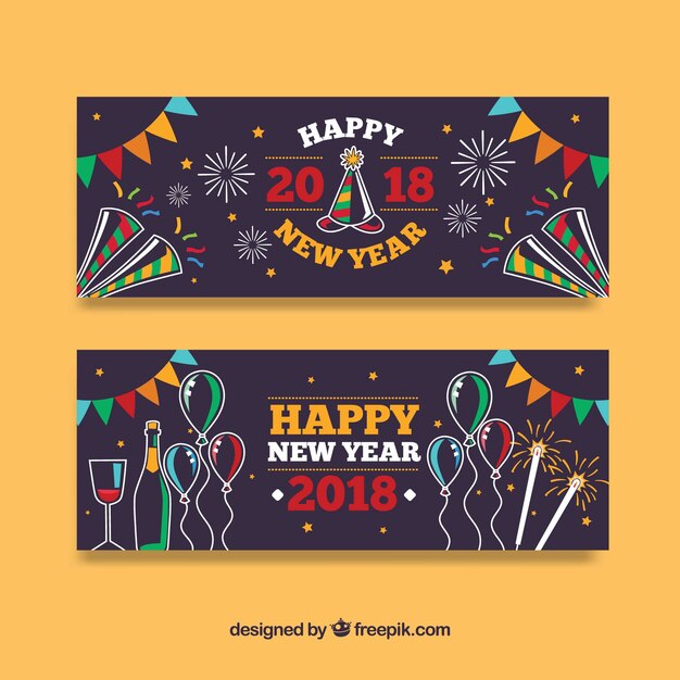 Conjunto de banners coloridos de fiesta de año nuevo dibujados a mano