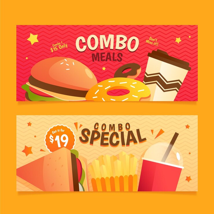 Vector gratuito conjunto de banners de comida rápida de comidas combinadas.