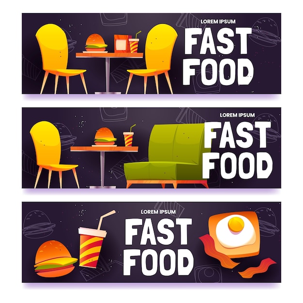 Vector gratuito conjunto de banners de comida rápida de dibujos animados