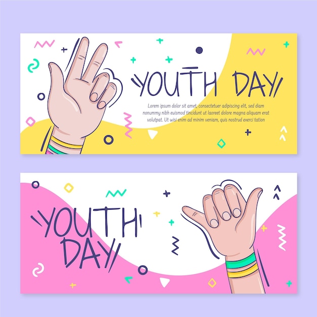 Conjunto de banners del día internacional de la juventud dibujados a mano