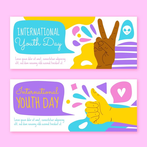Conjunto de banners del día internacional de la juventud dibujados a mano