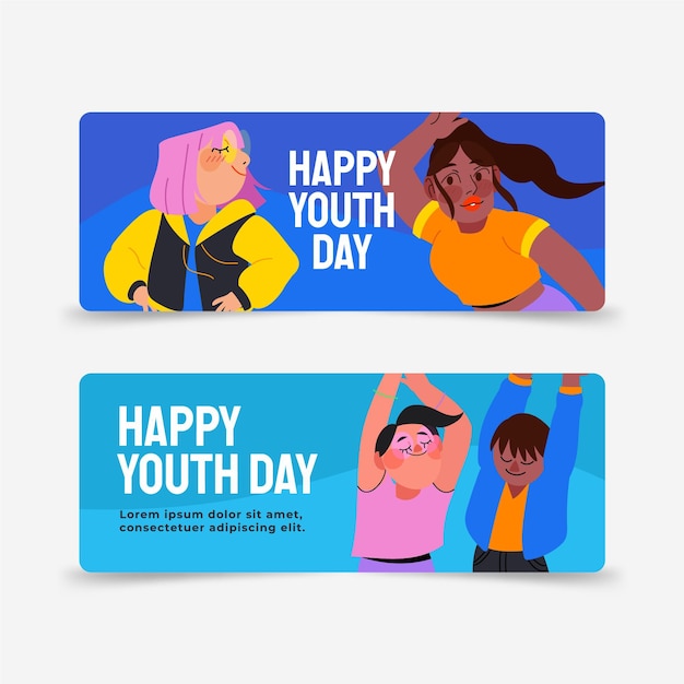 Conjunto de banners del día internacional de la juventud dibujados a mano