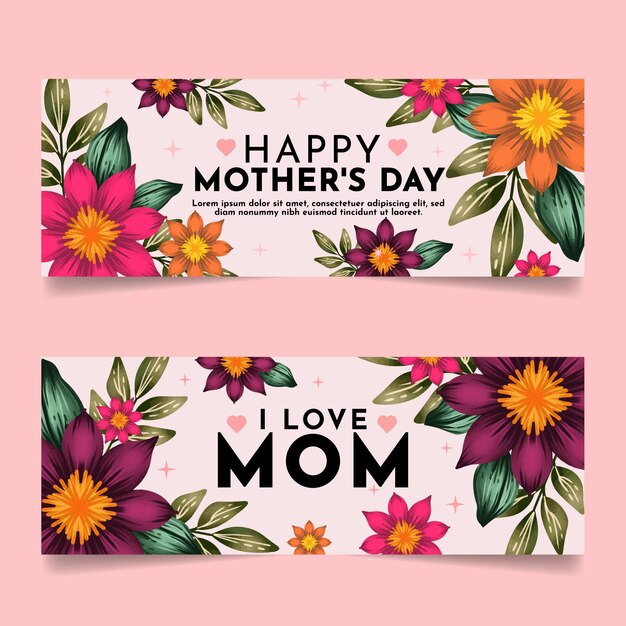 Conjunto de banners del día de la madre en acuarela pintados a mano.