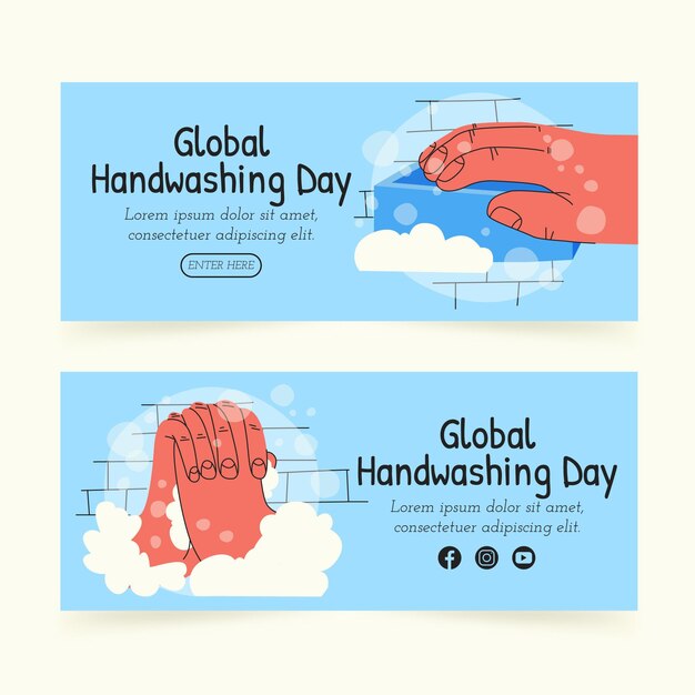 Vector gratuito conjunto de banners del día mundial del lavado de manos dibujados a mano